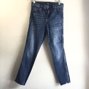 Cello blue jeans plaited braid vertical side detail raw hem size 5